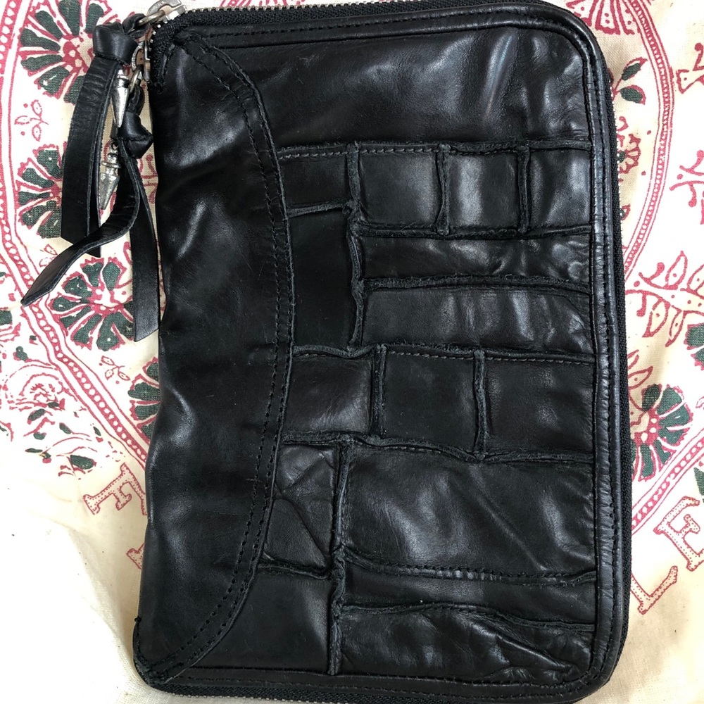 NWT Free People Black Leather Clutch, patchwork, pockets